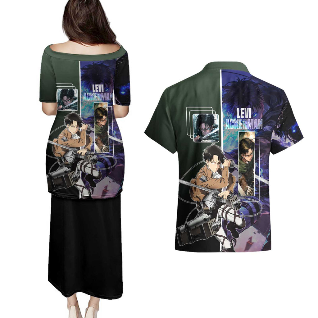 Levi Ackerman from Attack on Titan Couples Matching Puletasi and Hawaiian Shirt with Dynamic Poses and Green Background Design - The Mazicc