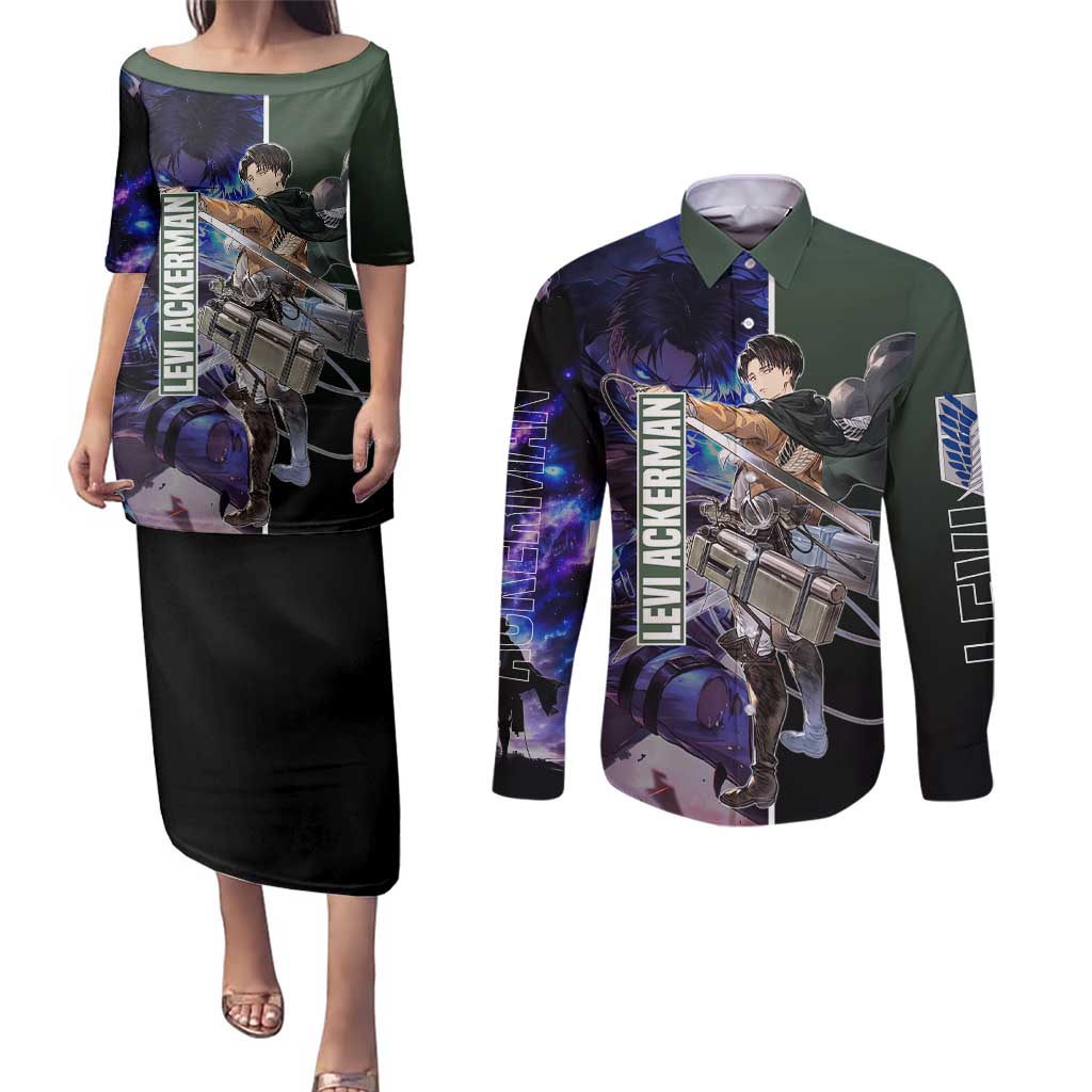 Levi Ackerman from Attack on Titan Couples Matching Puletasi and Long Sleeve Button Shirt with Dynamic Poses and Green Background Design - The Mazicc