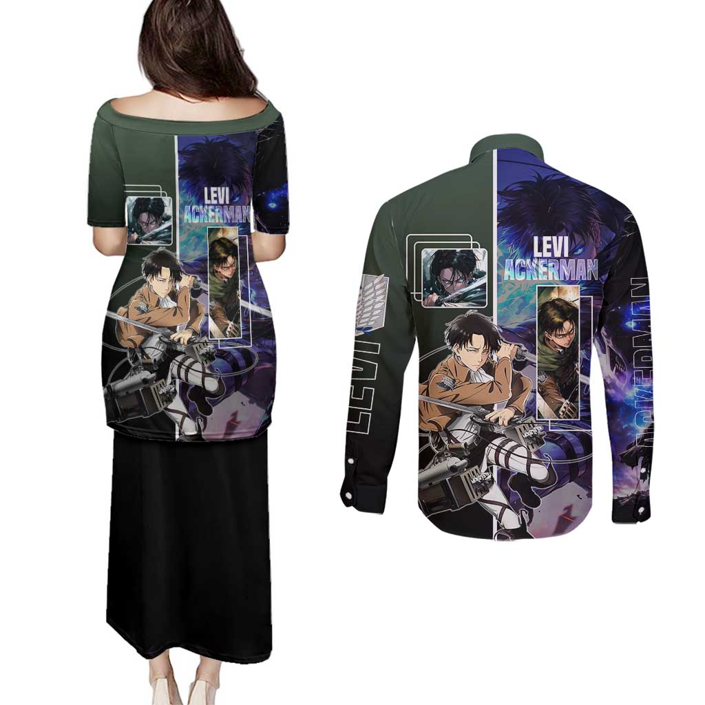 Levi Ackerman from Attack on Titan Couples Matching Puletasi and Long Sleeve Button Shirt with Dynamic Poses and Green Background Design - The Mazicc