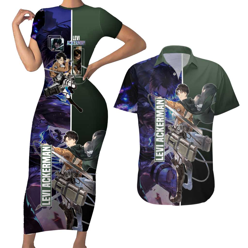 Levi Ackerman from Attack on Titan Couples Matching Short Sleeve Bodycon Dress and Hawaiian Shirt with Dynamic Poses and Green Background Design - The Mazicc