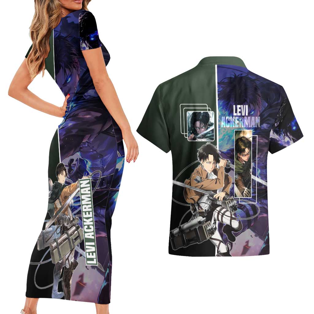 Levi Ackerman from Attack on Titan Couples Matching Short Sleeve Bodycon Dress and Hawaiian Shirt with Dynamic Poses and Green Background Design - The Mazicc
