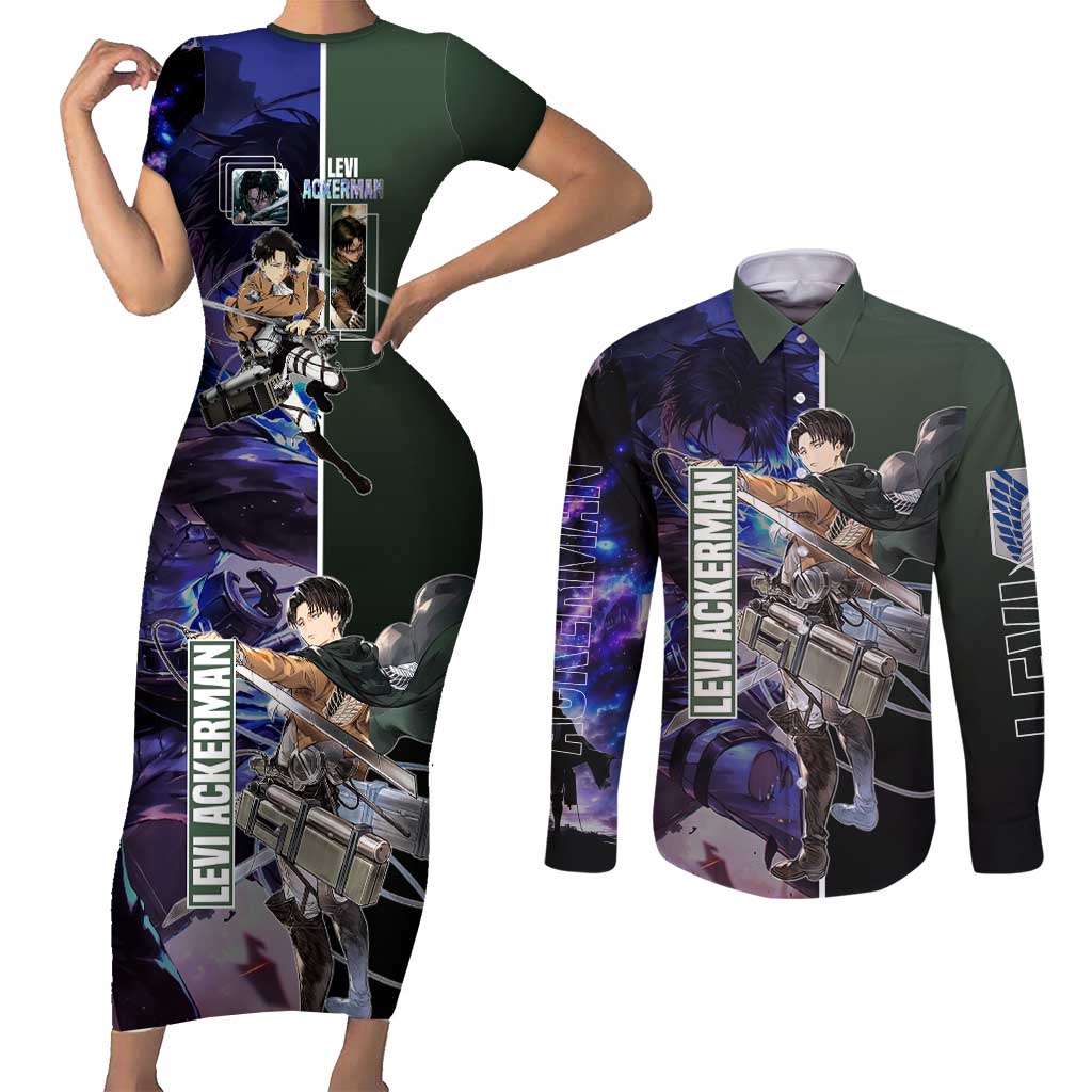 Levi Ackerman from Attack on Titan Couples Matching Short Sleeve Bodycon Dress and Long Sleeve Button Shirt with Dynamic Poses and Green Background Design - The Mazicc