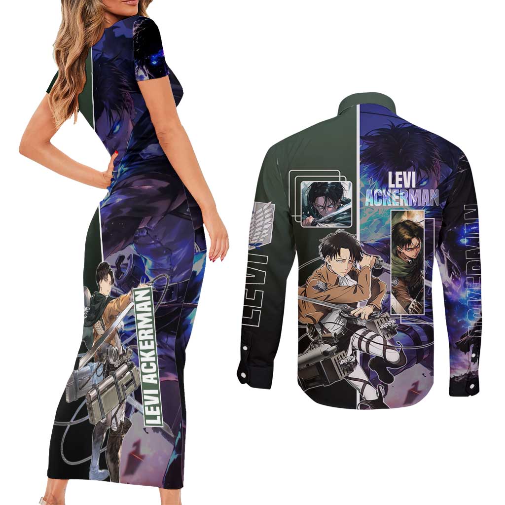 Levi Ackerman from Attack on Titan Couples Matching Short Sleeve Bodycon Dress and Long Sleeve Button Shirt with Dynamic Poses and Green Background Design - The Mazicc