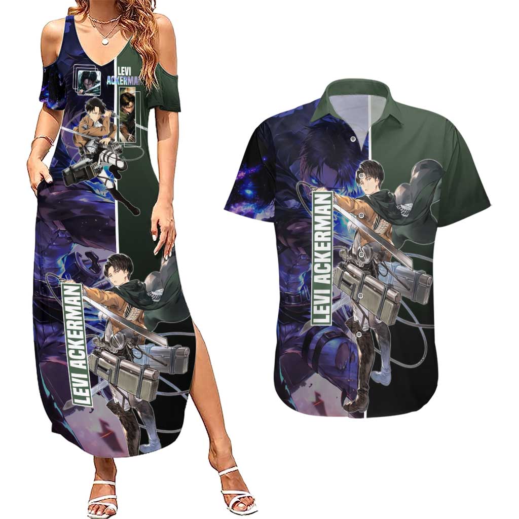 Levi Ackerman from Attack on Titan Couples Matching Summer Maxi Dress and Hawaiian Shirt with Dynamic Poses and Green Background Design - The Mazicc