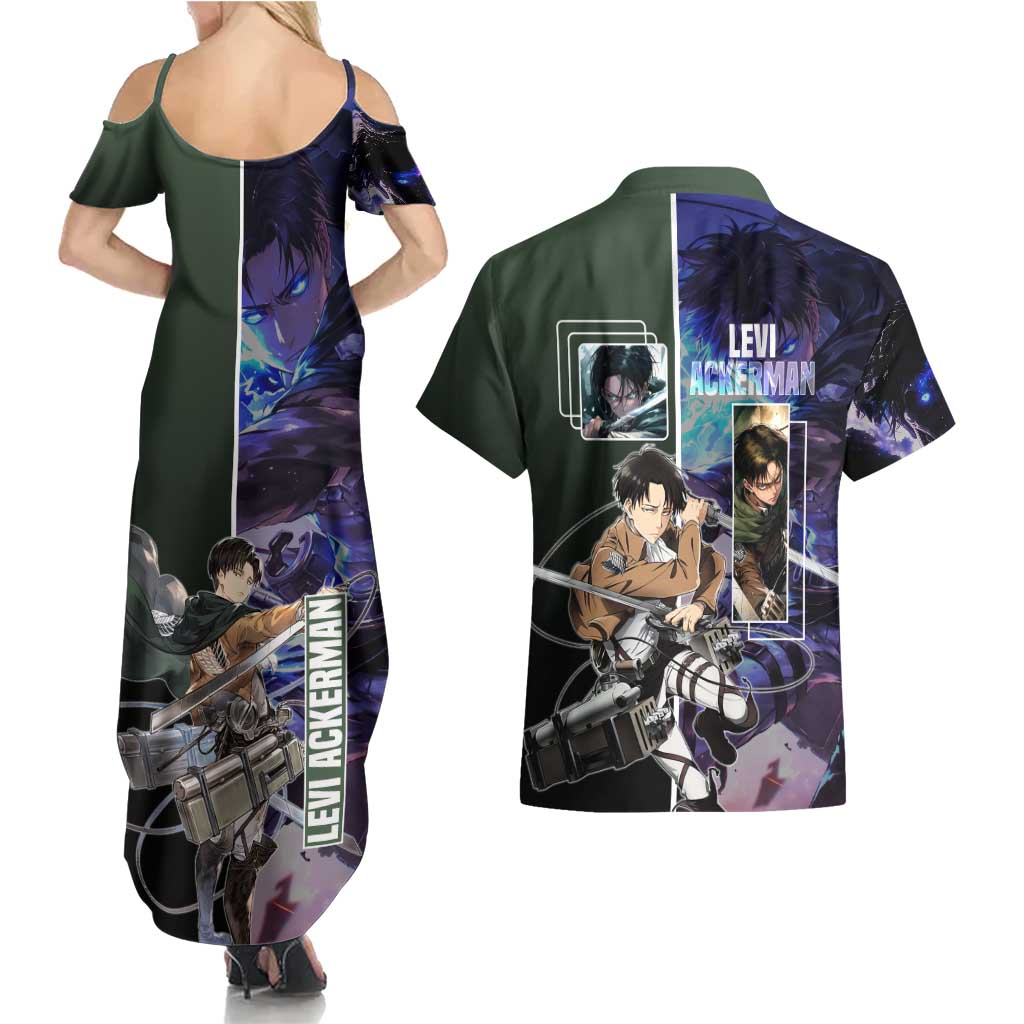 Levi Ackerman from Attack on Titan Couples Matching Summer Maxi Dress and Hawaiian Shirt with Dynamic Poses and Green Background Design - The Mazicc