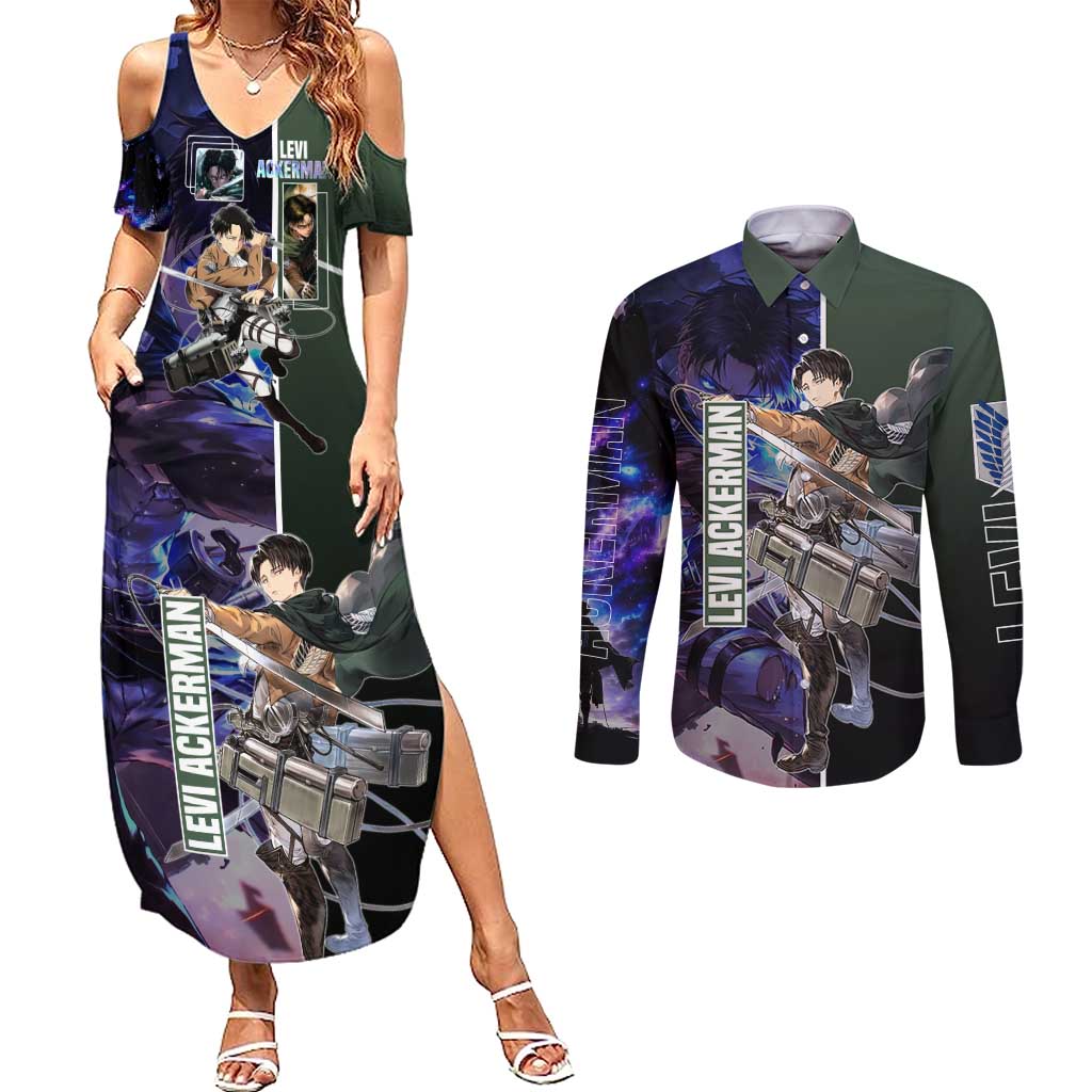 Levi Ackerman from Attack on Titan Couples Matching Summer Maxi Dress and Long Sleeve Button Shirt with Dynamic Poses and Green Background Design - The Mazicc