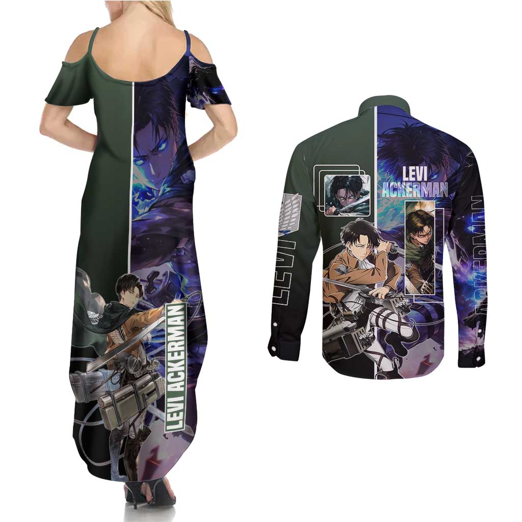 Levi Ackerman from Attack on Titan Couples Matching Summer Maxi Dress and Long Sleeve Button Shirt with Dynamic Poses and Green Background Design - The Mazicc
