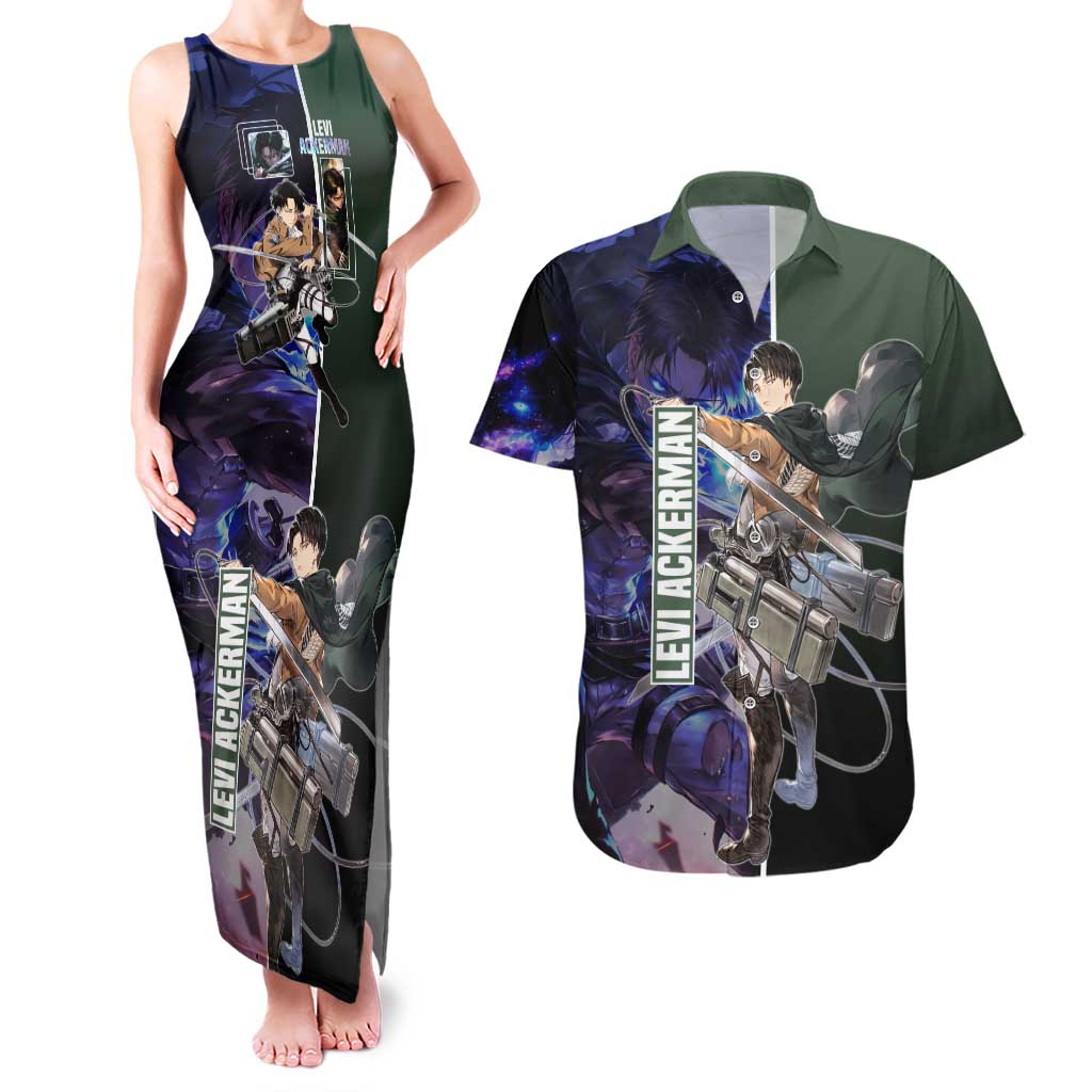 Levi Ackerman from Attack on Titan Couples Matching Tank Maxi Dress and Hawaiian Shirt with Dynamic Poses and Green Background Design - The Mazicc