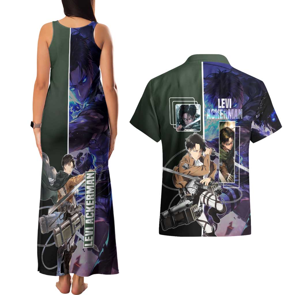 Levi Ackerman from Attack on Titan Couples Matching Tank Maxi Dress and Hawaiian Shirt with Dynamic Poses and Green Background Design - The Mazicc