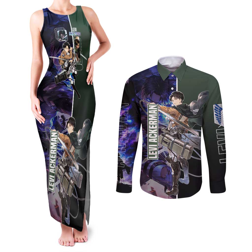 Levi Ackerman from Attack on Titan Couples Matching Tank Maxi Dress and Long Sleeve Button Shirt with Dynamic Poses and Green Background Design - The Mazicc