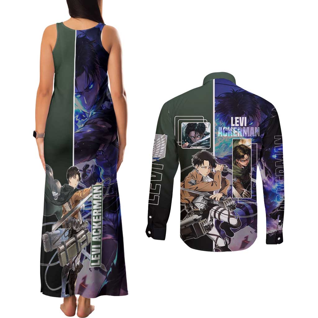 Levi Ackerman from Attack on Titan Couples Matching Tank Maxi Dress and Long Sleeve Button Shirt with Dynamic Poses and Green Background Design - The Mazicc