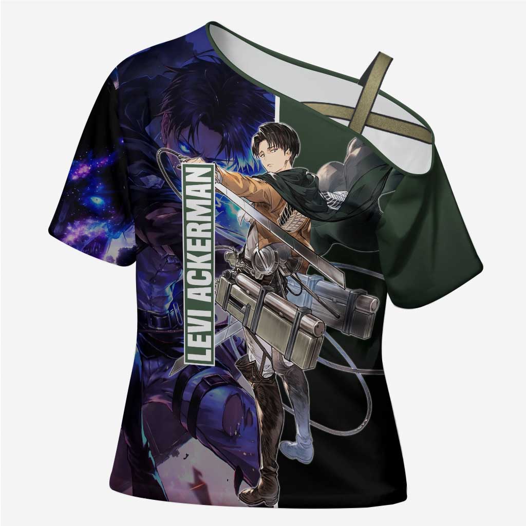 Levi Ackerman from Attack on Titan Cross Shoulder Shirt with Dynamic Poses and Green Background Design - The Mazicc