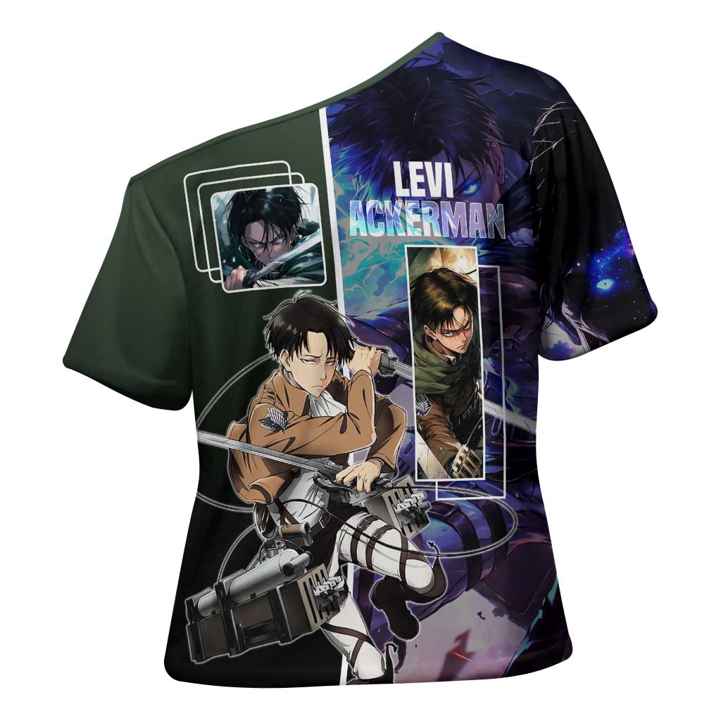 Levi Ackerman from Attack on Titan Cross Shoulder Shirt with Dynamic Poses and Green Background Design - The Mazicc