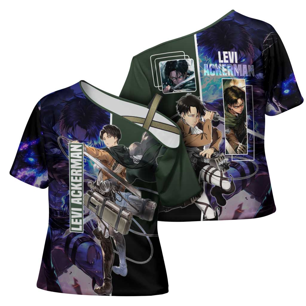 Levi Ackerman from Attack on Titan Cross Shoulder Shirt with Dynamic Poses and Green Background Design - The Mazicc
