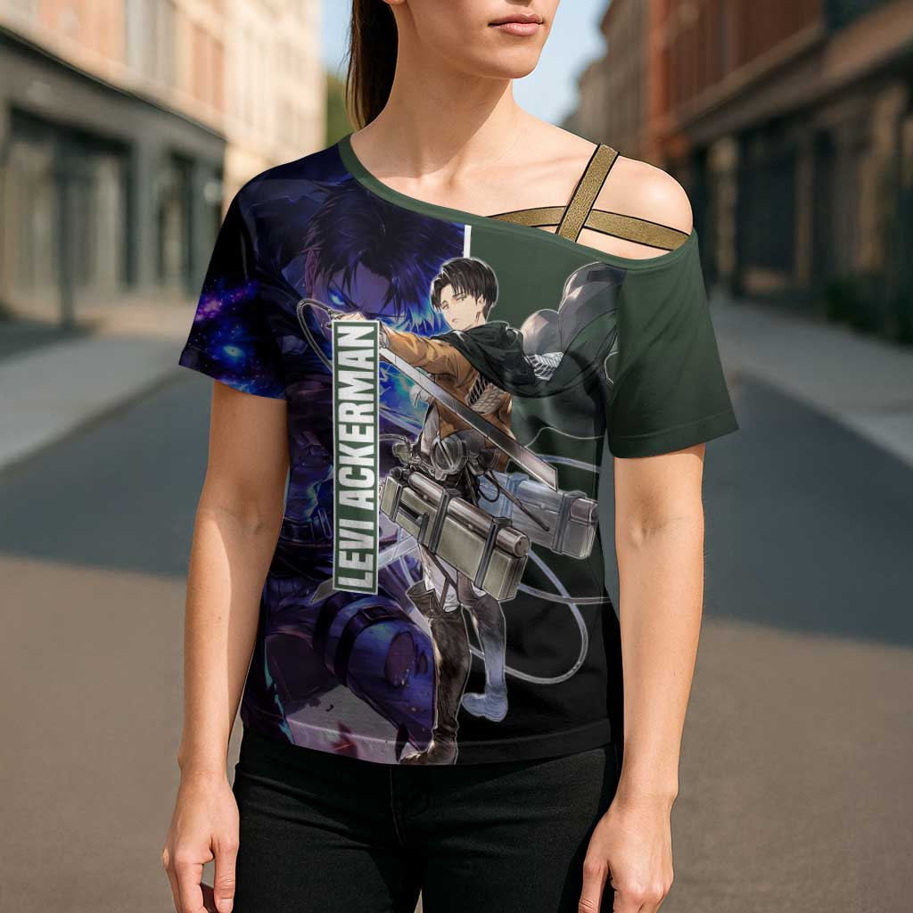 Levi Ackerman from Attack on Titan Cross Shoulder Shirt with Dynamic Poses and Green Background Design - The Mazicc