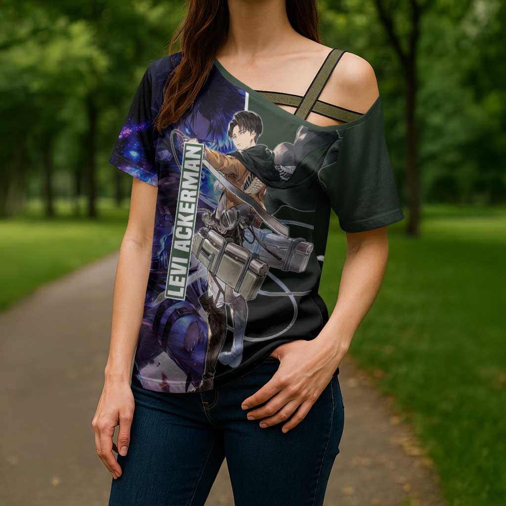 Levi Ackerman from Attack on Titan Cross Shoulder Shirt with Dynamic Poses and Green Background Design - The Mazicc
