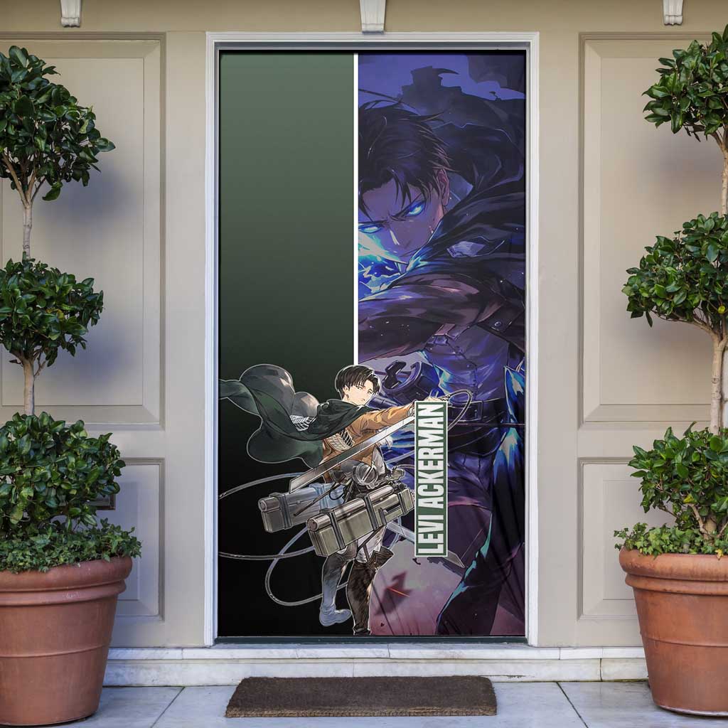 Levi Ackerman from Attack on Titan Door Cover with Dynamic Poses and Green Background Design - The Mazicc