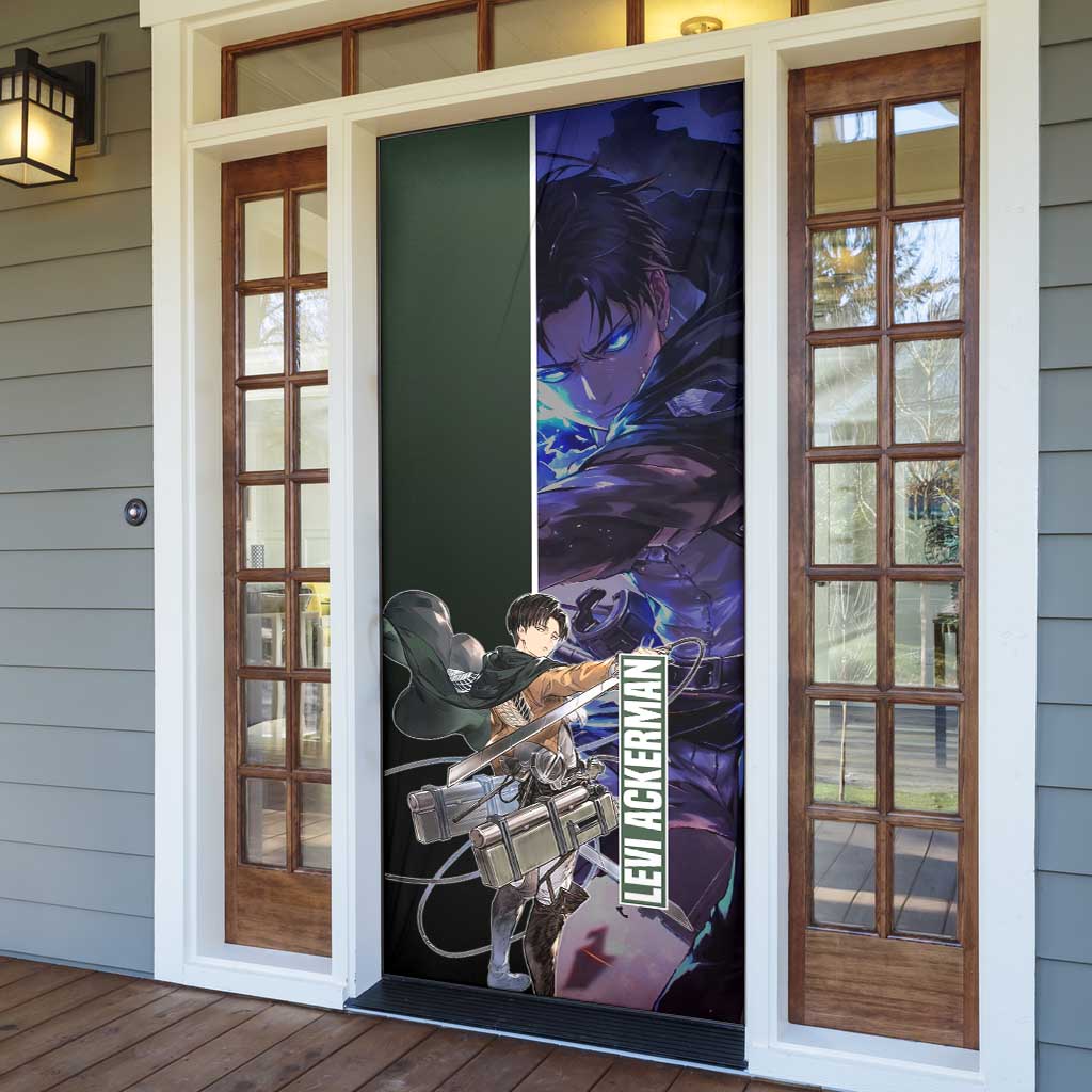 Levi Ackerman from Attack on Titan Door Cover with Dynamic Poses and Green Background Design - The Mazicc