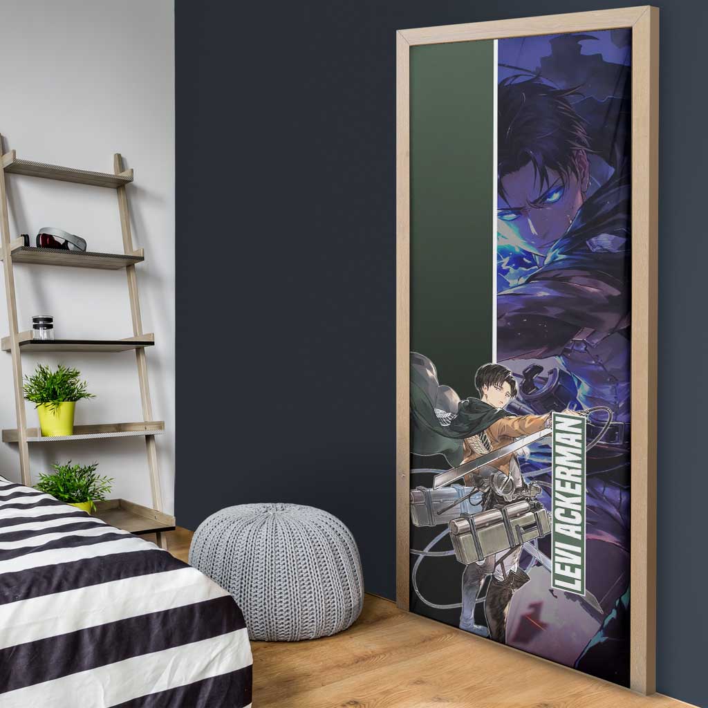 Levi Ackerman from Attack on Titan Door Cover with Dynamic Poses and Green Background Design - The Mazicc