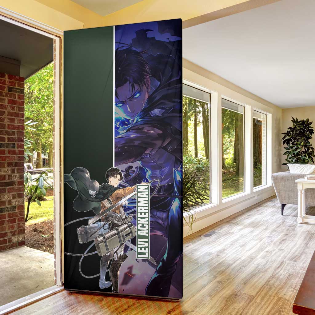 Levi Ackerman from Attack on Titan Door Cover with Dynamic Poses and Green Background Design - The Mazicc