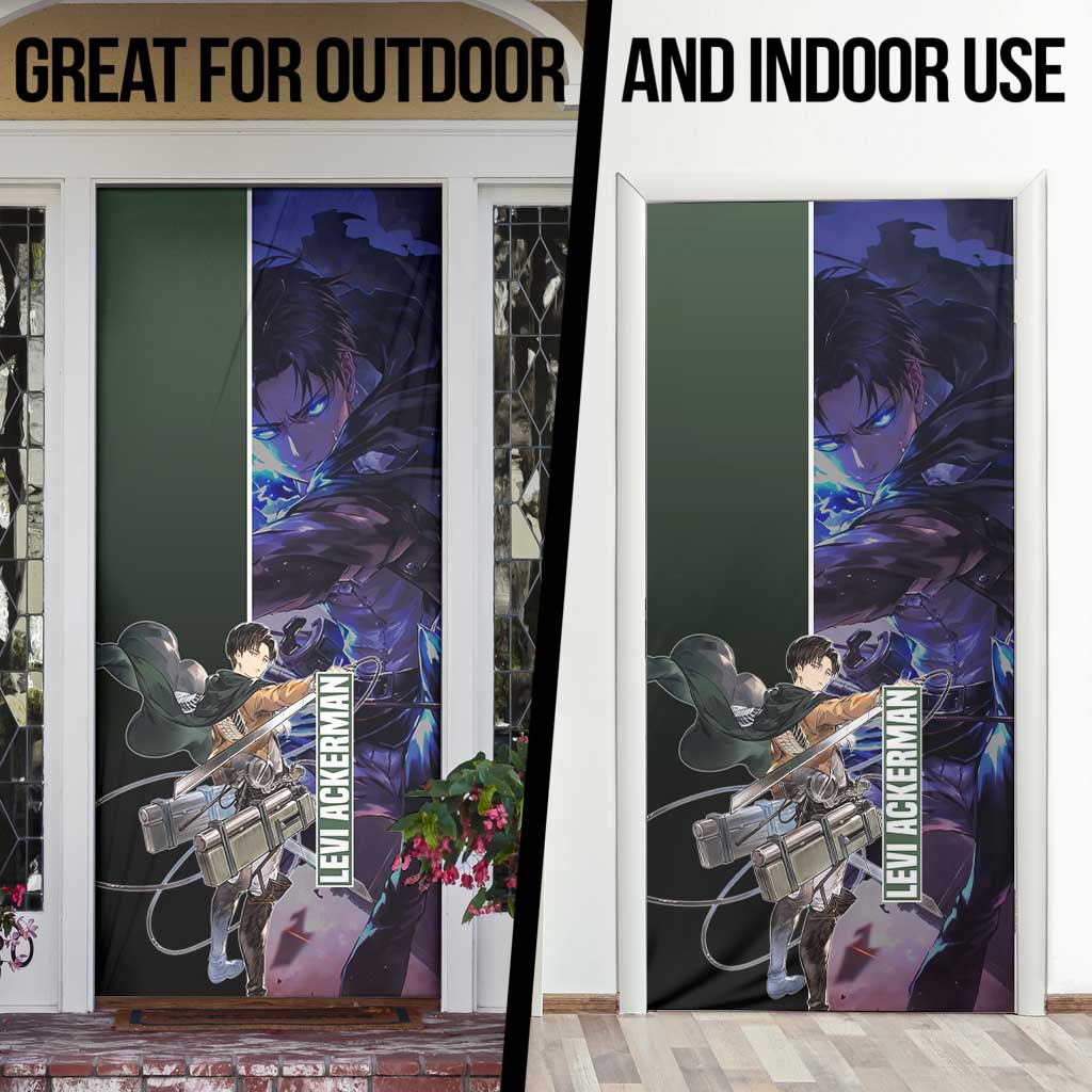 Levi Ackerman from Attack on Titan Door Cover with Dynamic Poses and Green Background Design - The Mazicc