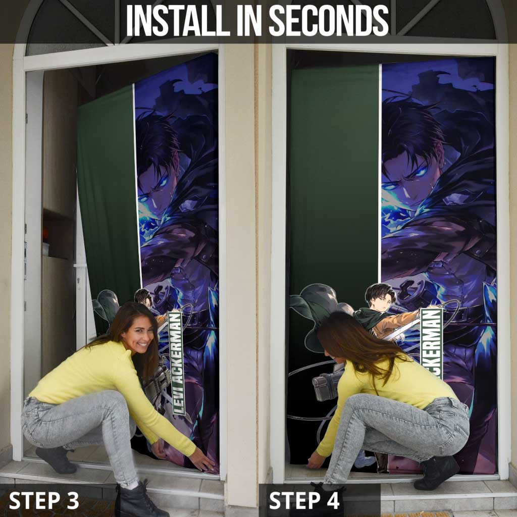 Levi Ackerman from Attack on Titan Door Cover with Dynamic Poses and Green Background Design - The Mazicc