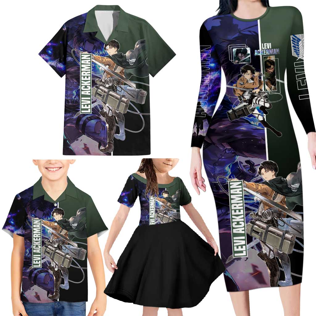 Levi Ackerman from Attack on Titan Family Matching Long Sleeve Bodycon Dress and Hawaiian Shirt with Dynamic Poses and Green Background Design - The Mazicc