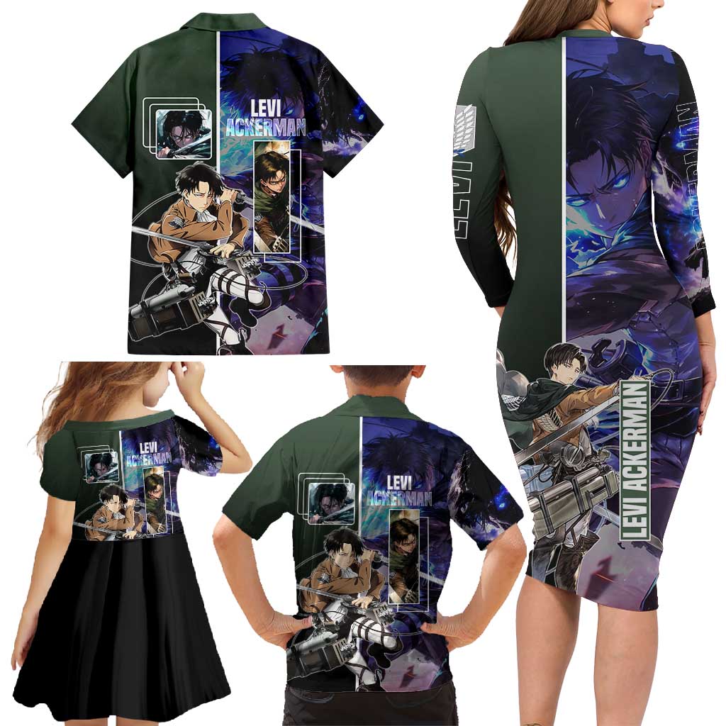 Levi Ackerman from Attack on Titan Family Matching Long Sleeve Bodycon Dress and Hawaiian Shirt with Dynamic Poses and Green Background Design - The Mazicc