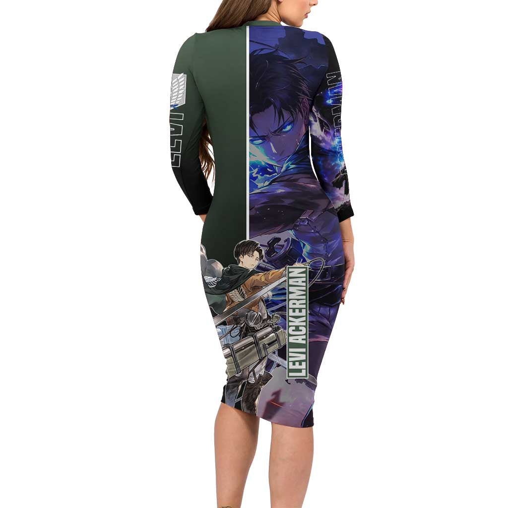 Levi Ackerman from Attack on Titan Family Matching Long Sleeve Bodycon Dress and Hawaiian Shirt with Dynamic Poses and Green Background Design - The Mazicc