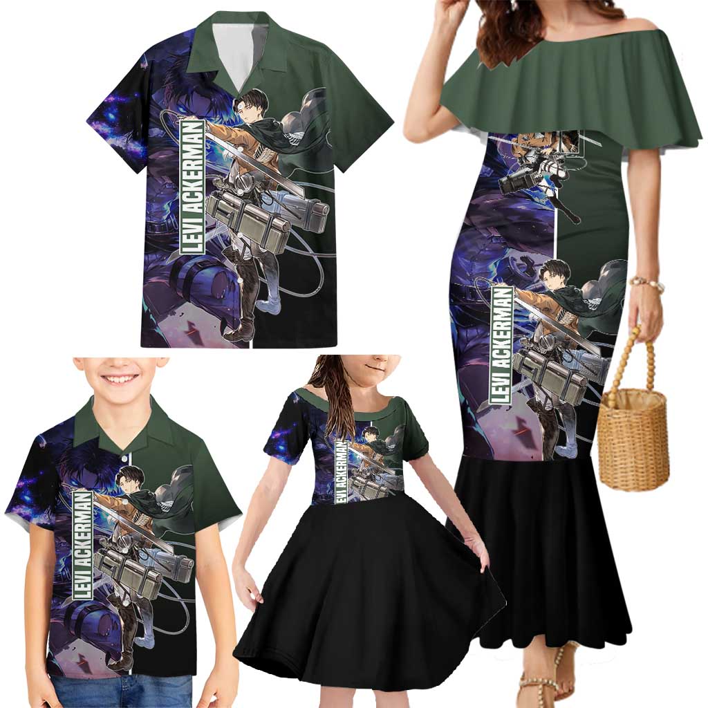 Levi Ackerman from Attack on Titan Family Matching Mermaid Dress and Hawaiian Shirt with Dynamic Poses and Green Background Design - The Mazicc