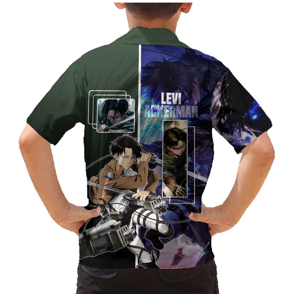 Levi Ackerman from Attack on Titan Family Matching Mermaid Dress and Hawaiian Shirt with Dynamic Poses and Green Background Design - The Mazicc