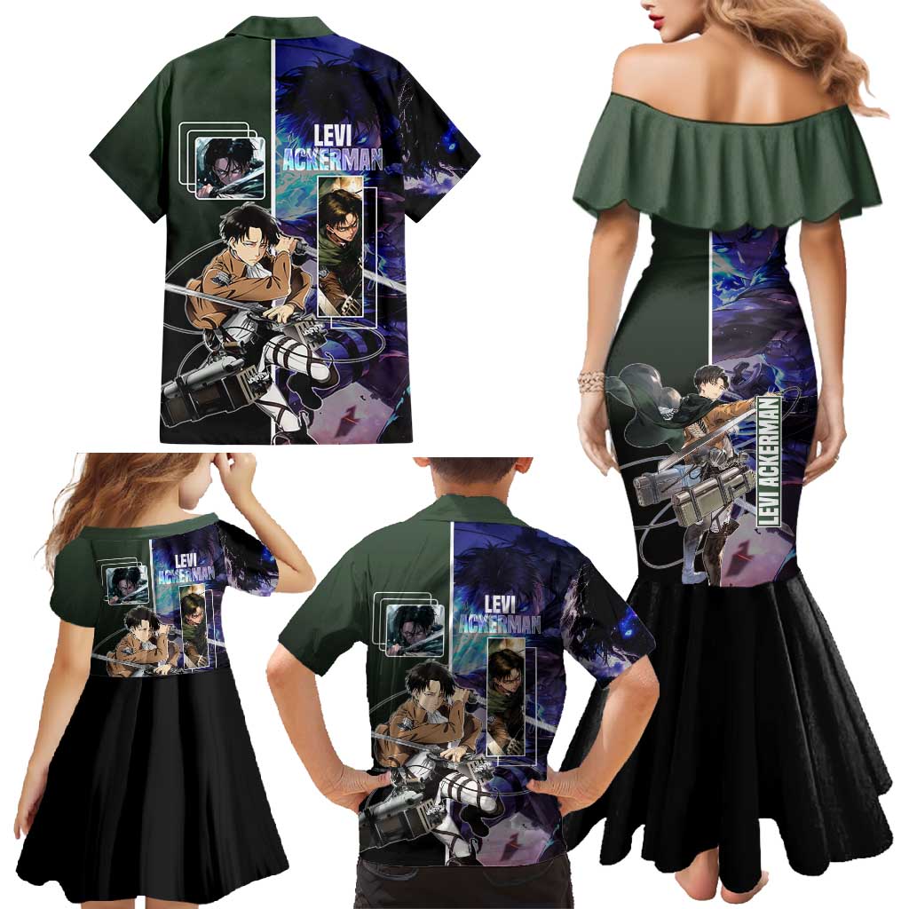 Levi Ackerman from Attack on Titan Family Matching Mermaid Dress and Hawaiian Shirt with Dynamic Poses and Green Background Design - The Mazicc