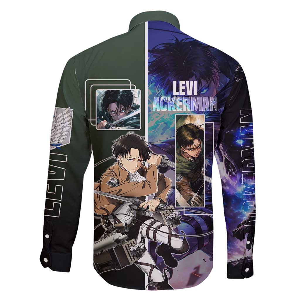 Levi Ackerman from Attack on Titan Family Matching Mermaid Dress and Hawaiian Shirt with Dynamic Poses and Green Background Design - The Mazicc