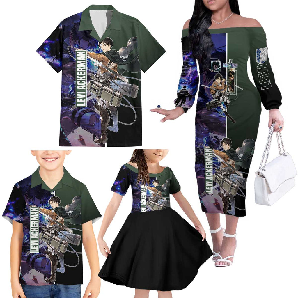 Levi Ackerman from Attack on Titan Family Matching Off The Shoulder Long Sleeve Dress and Hawaiian Shirt with Dynamic Poses and Green Background Design - The Mazicc