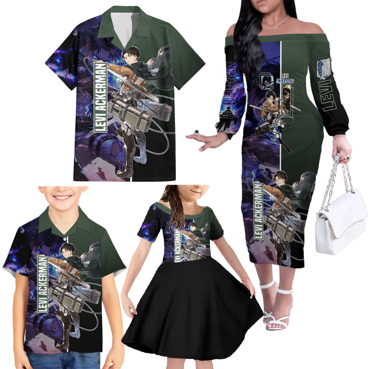 Levi Ackerman from Attack on Titan Family Matching Off The Shoulder Long Sleeve Dress and Hawaiian Shirt with Dynamic Poses and Green Background Design - The Mazicc