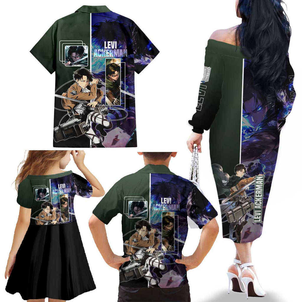 Levi Ackerman from Attack on Titan Family Matching Off The Shoulder Long Sleeve Dress and Hawaiian Shirt with Dynamic Poses and Green Background Design - The Mazicc