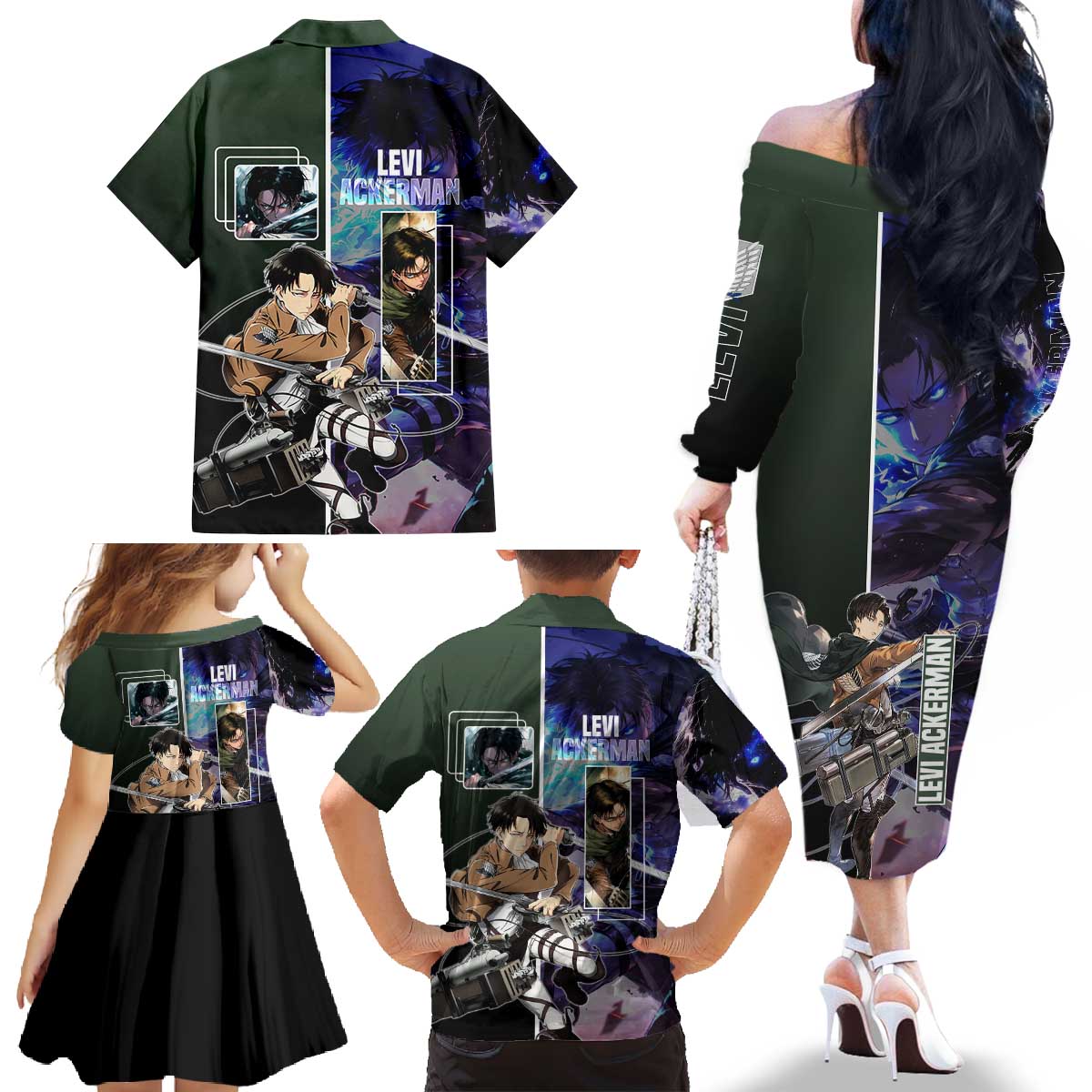 Levi Ackerman from Attack on Titan Family Matching Off The Shoulder Long Sleeve Dress and Hawaiian Shirt with Dynamic Poses and Green Background Design - The Mazicc