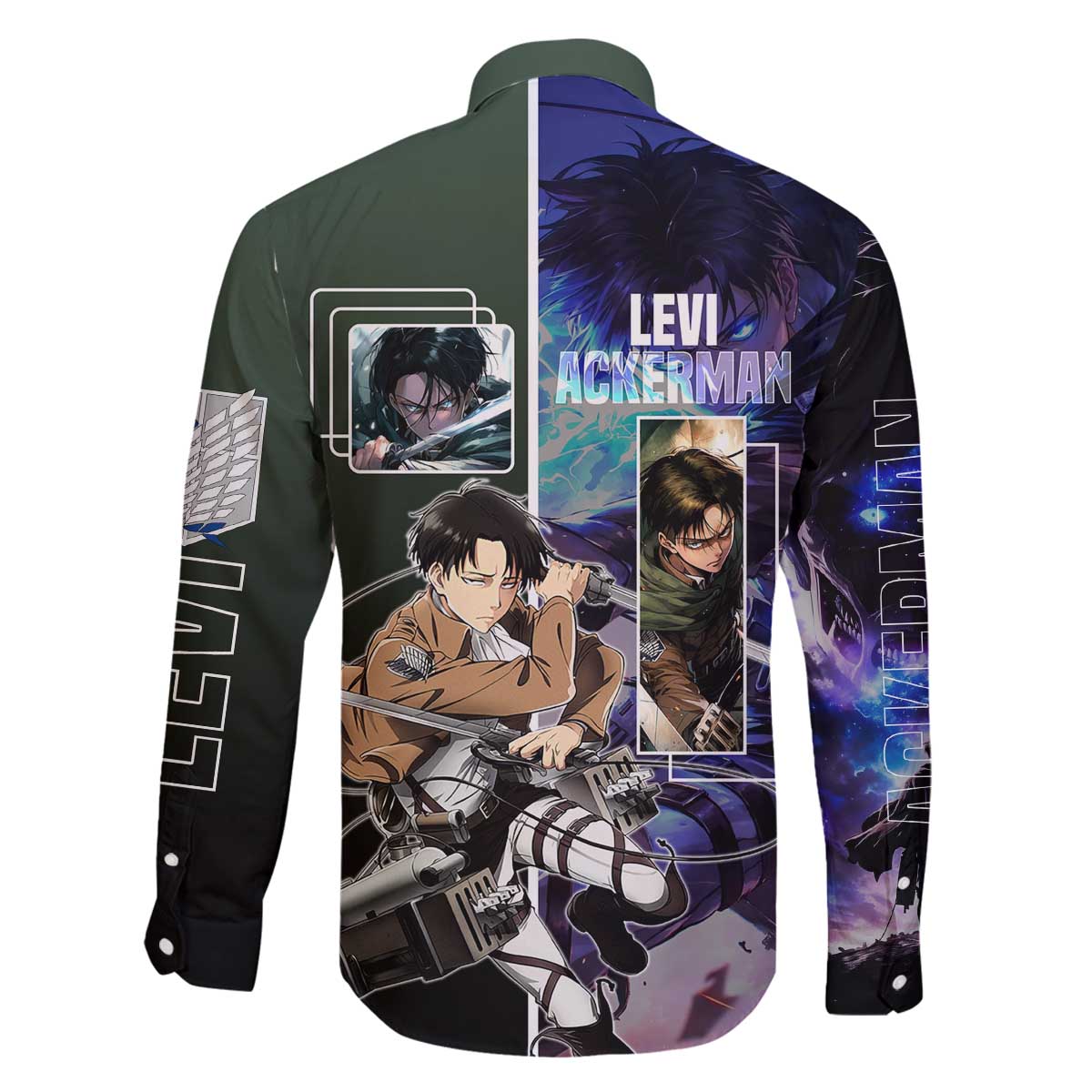 Levi Ackerman from Attack on Titan Family Matching Off The Shoulder Long Sleeve Dress and Hawaiian Shirt with Dynamic Poses and Green Background Design - The Mazicc