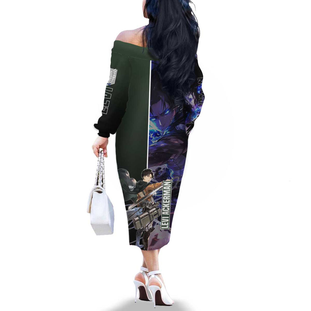 Levi Ackerman from Attack on Titan Family Matching Off The Shoulder Long Sleeve Dress and Hawaiian Shirt with Dynamic Poses and Green Background Design - The Mazicc