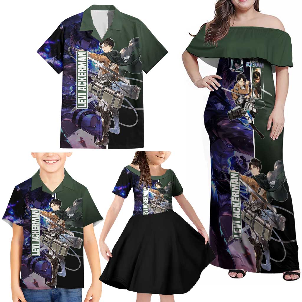 Levi Ackerman from Attack on Titan Family Matching Off Shoulder Maxi Dress and Hawaiian Shirt with Dynamic Poses and Green Background Design - The Mazicc