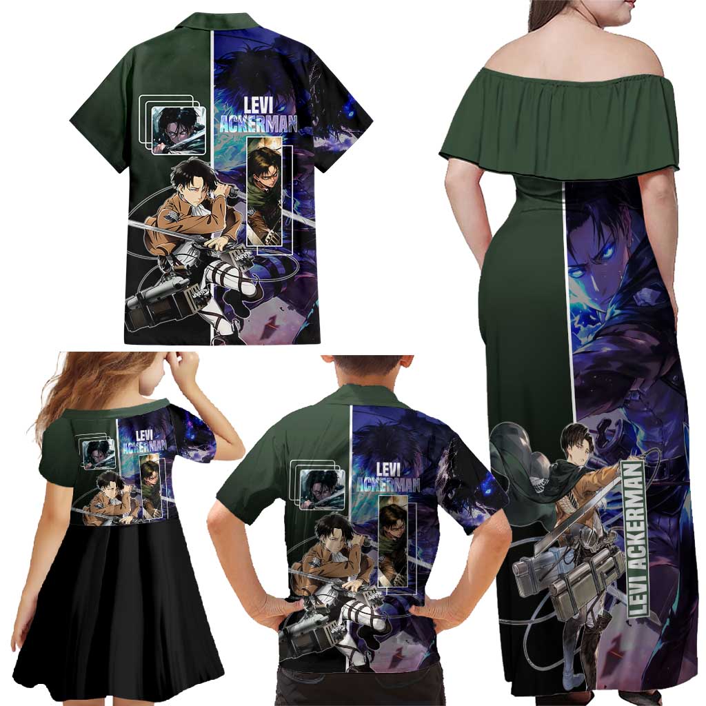 Levi Ackerman from Attack on Titan Family Matching Off Shoulder Maxi Dress and Hawaiian Shirt with Dynamic Poses and Green Background Design - The Mazicc