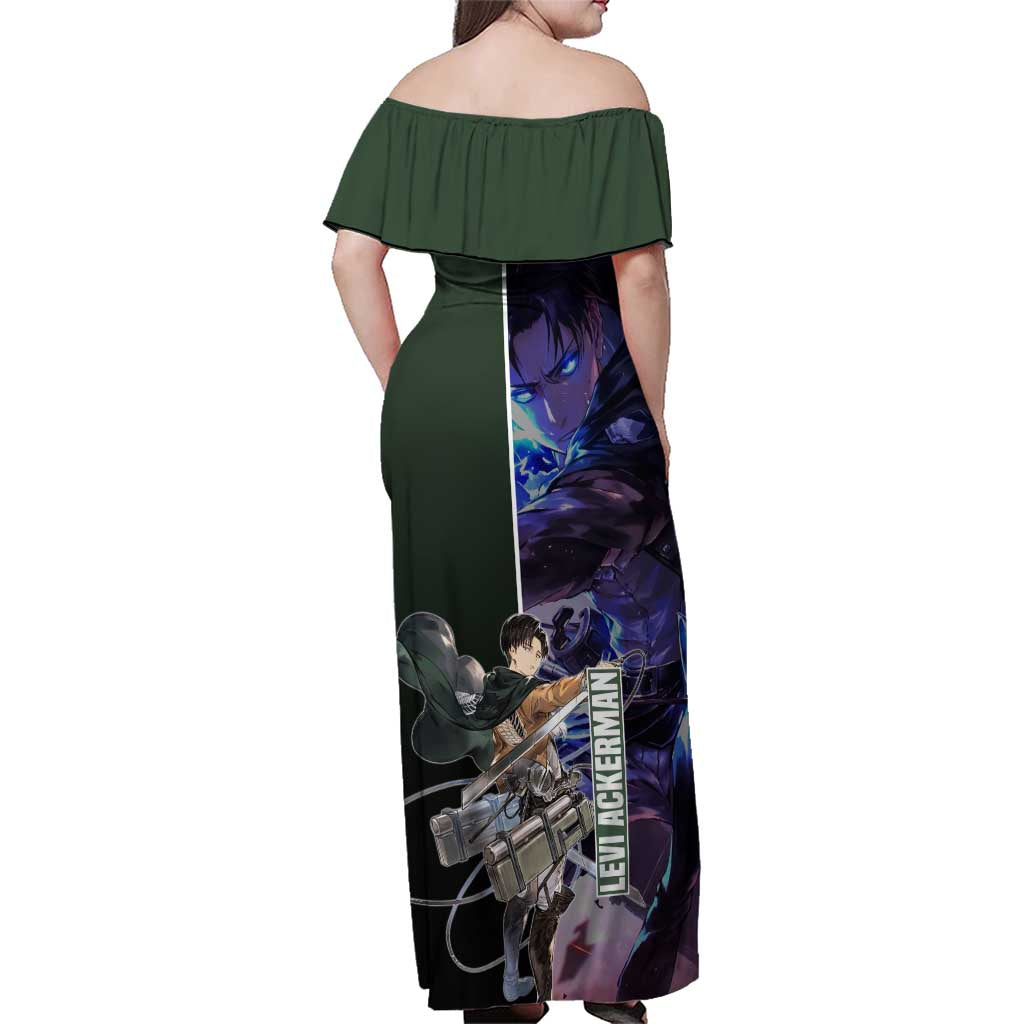 Levi Ackerman from Attack on Titan Family Matching Off Shoulder Maxi Dress and Hawaiian Shirt with Dynamic Poses and Green Background Design - The Mazicc
