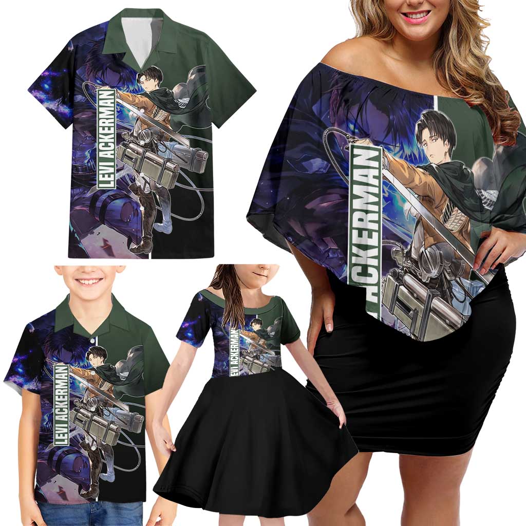 Levi Ackerman from Attack on Titan Family Matching Off Shoulder Short Dress and Hawaiian Shirt with Dynamic Poses and Green Background Design - The Mazicc