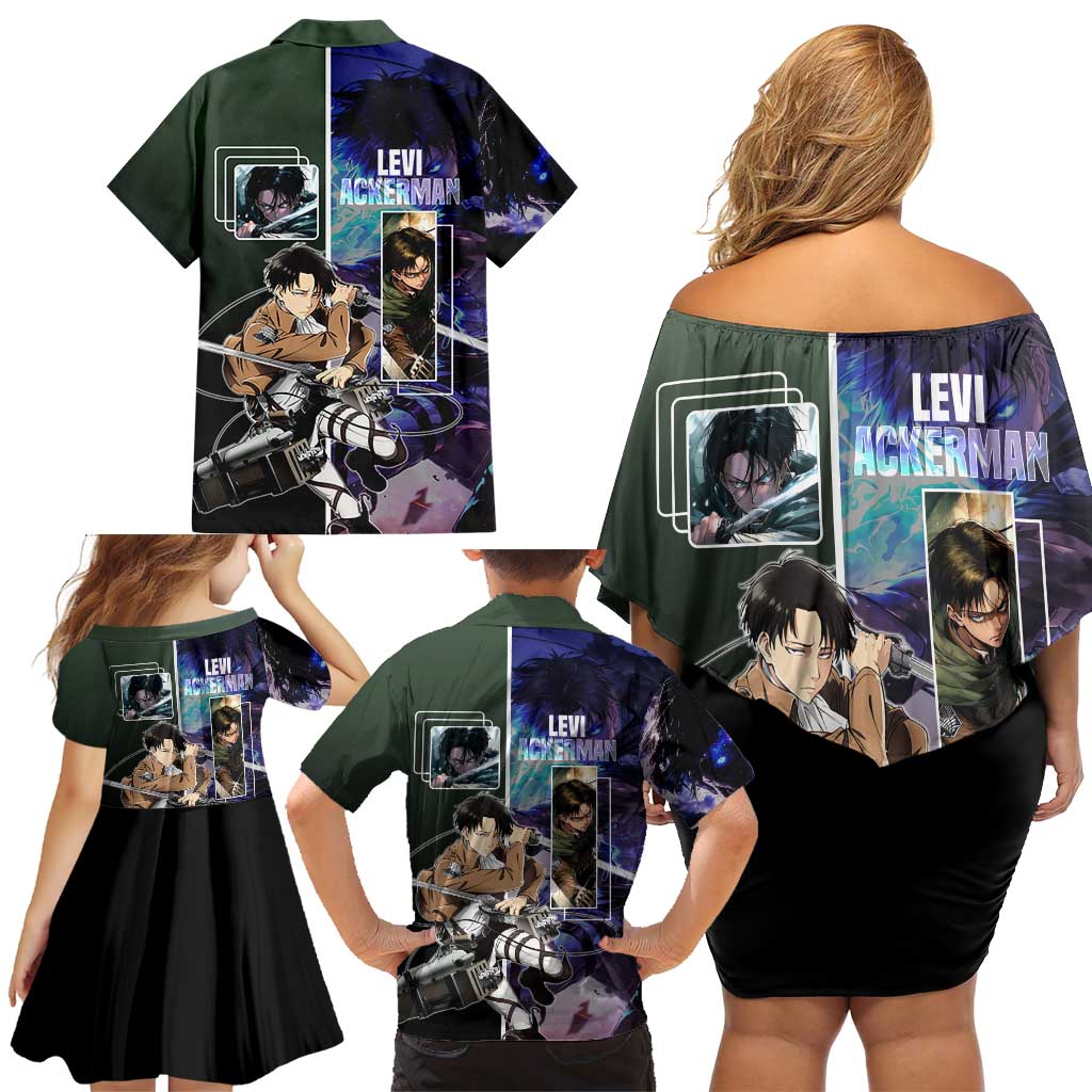 Levi Ackerman from Attack on Titan Family Matching Off Shoulder Short Dress and Hawaiian Shirt with Dynamic Poses and Green Background Design - The Mazicc