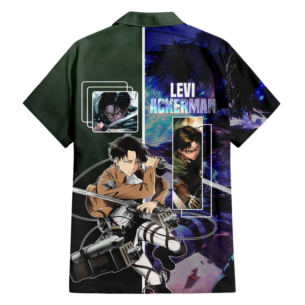 Levi Ackerman from Attack on Titan Family Matching Off Shoulder Short Dress and Hawaiian Shirt with Dynamic Poses and Green Background Design - The Mazicc