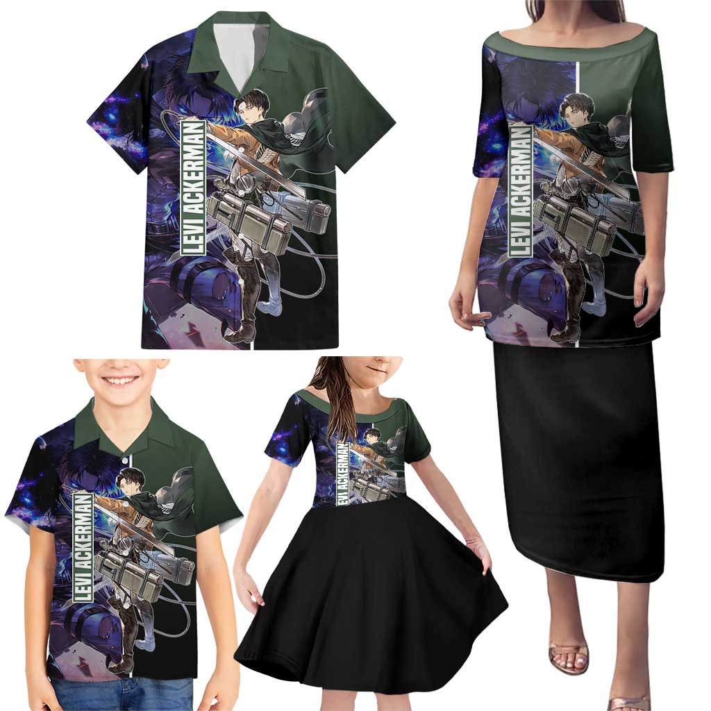 Levi Ackerman from Attack on Titan Family Matching Puletasi and Hawaiian Shirt with Dynamic Poses and Green Background Design - The Mazicc