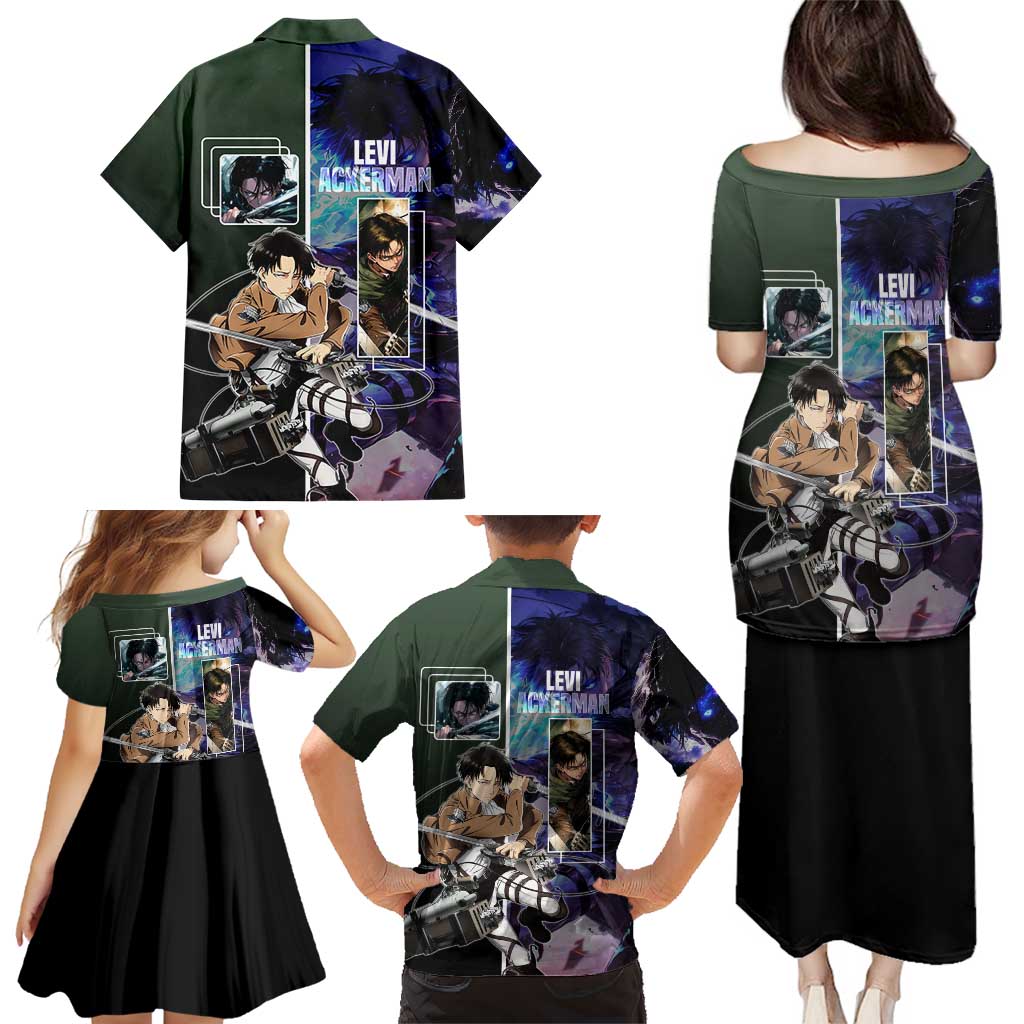 Levi Ackerman from Attack on Titan Family Matching Puletasi and Hawaiian Shirt with Dynamic Poses and Green Background Design - The Mazicc