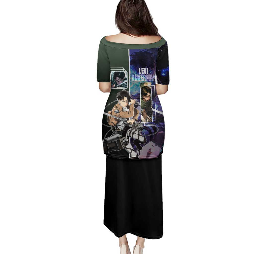 Levi Ackerman from Attack on Titan Family Matching Puletasi and Hawaiian Shirt with Dynamic Poses and Green Background Design - The Mazicc