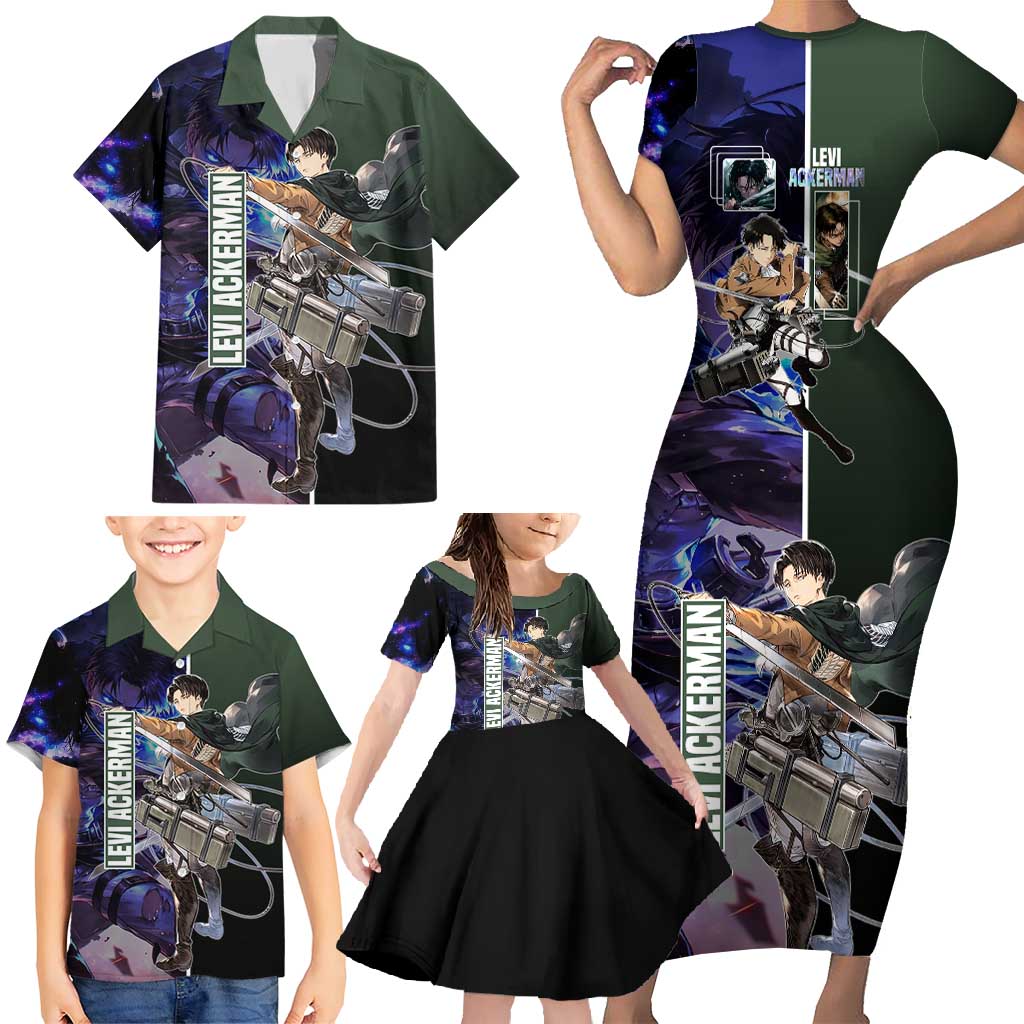 Levi Ackerman from Attack on Titan Family Matching Short Sleeve Bodycon Dress and Hawaiian Shirt with Dynamic Poses and Green Background Design - The Mazicc