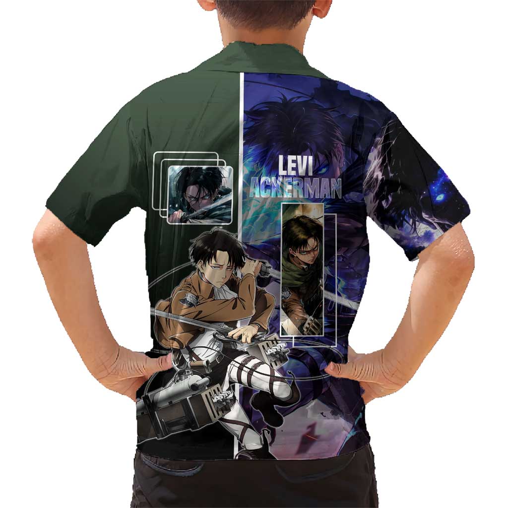 Levi Ackerman from Attack on Titan Family Matching Short Sleeve Bodycon Dress and Hawaiian Shirt with Dynamic Poses and Green Background Design - The Mazicc